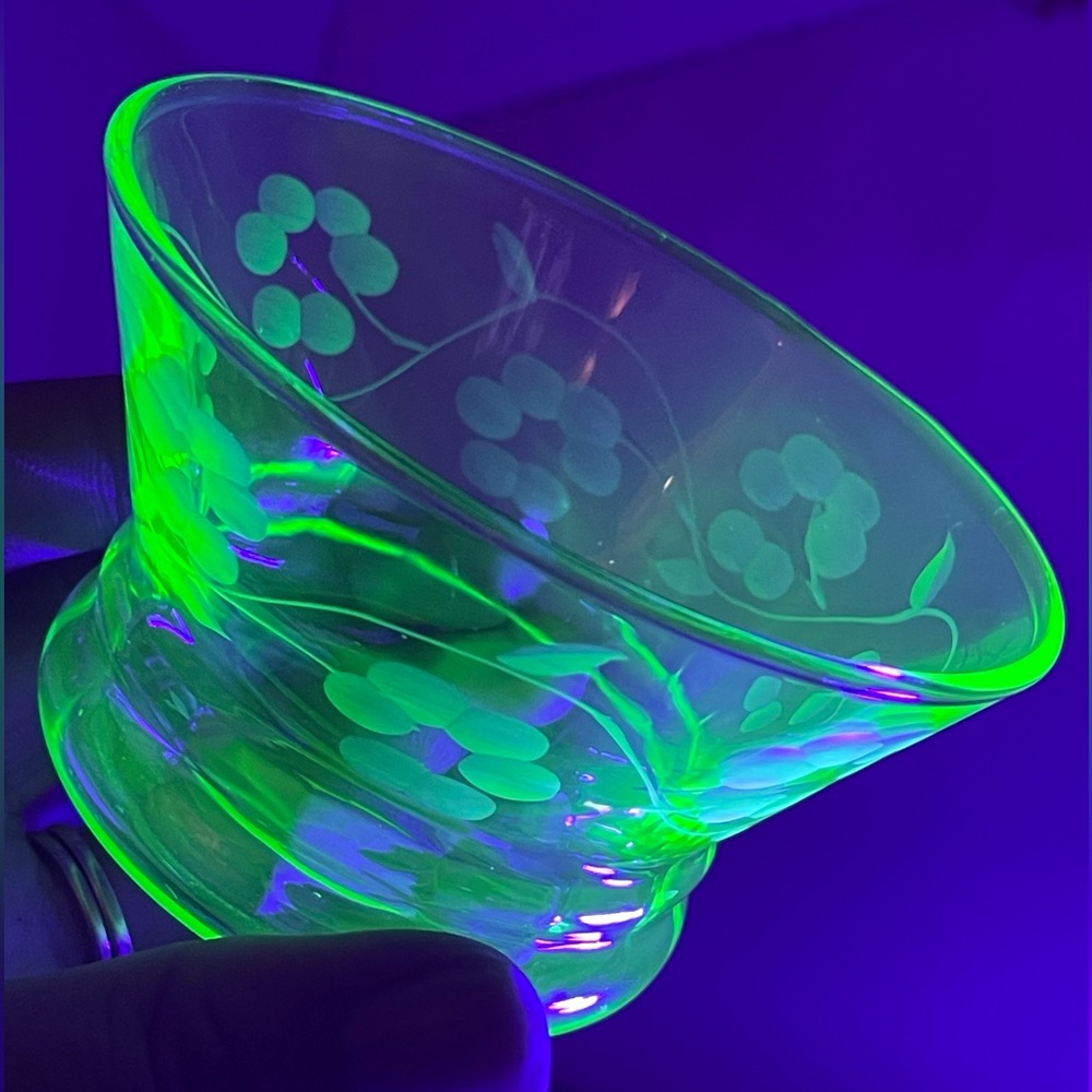 Antique Uranium Glass Floral Etched Small Cup - Glows Under UV Light